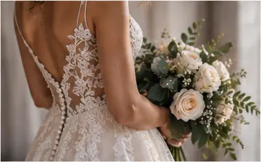 Braut im Hochzeitskleid mit Blumen